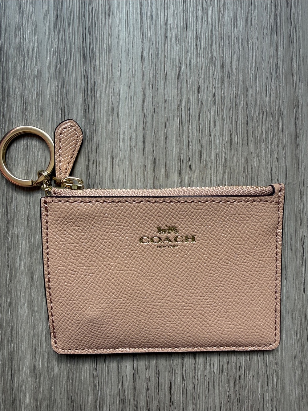 Coach Blush Pink Pebbled Leather Zip Card Holder with Key Ring